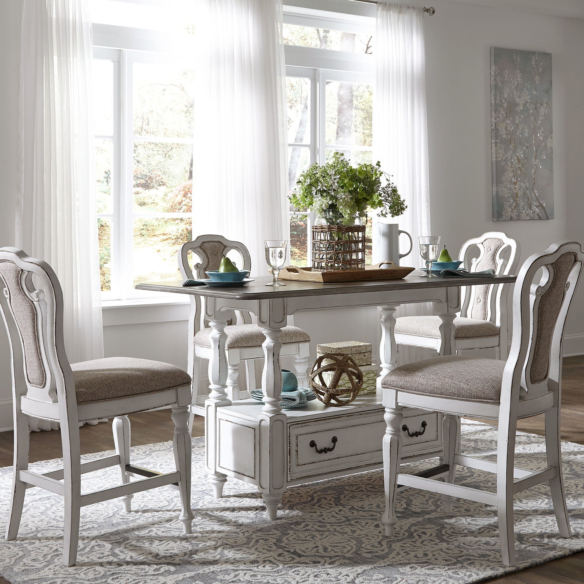 Magnolia Manor - 5 Piece Gathering Table Set - Antique White / Dark Brown