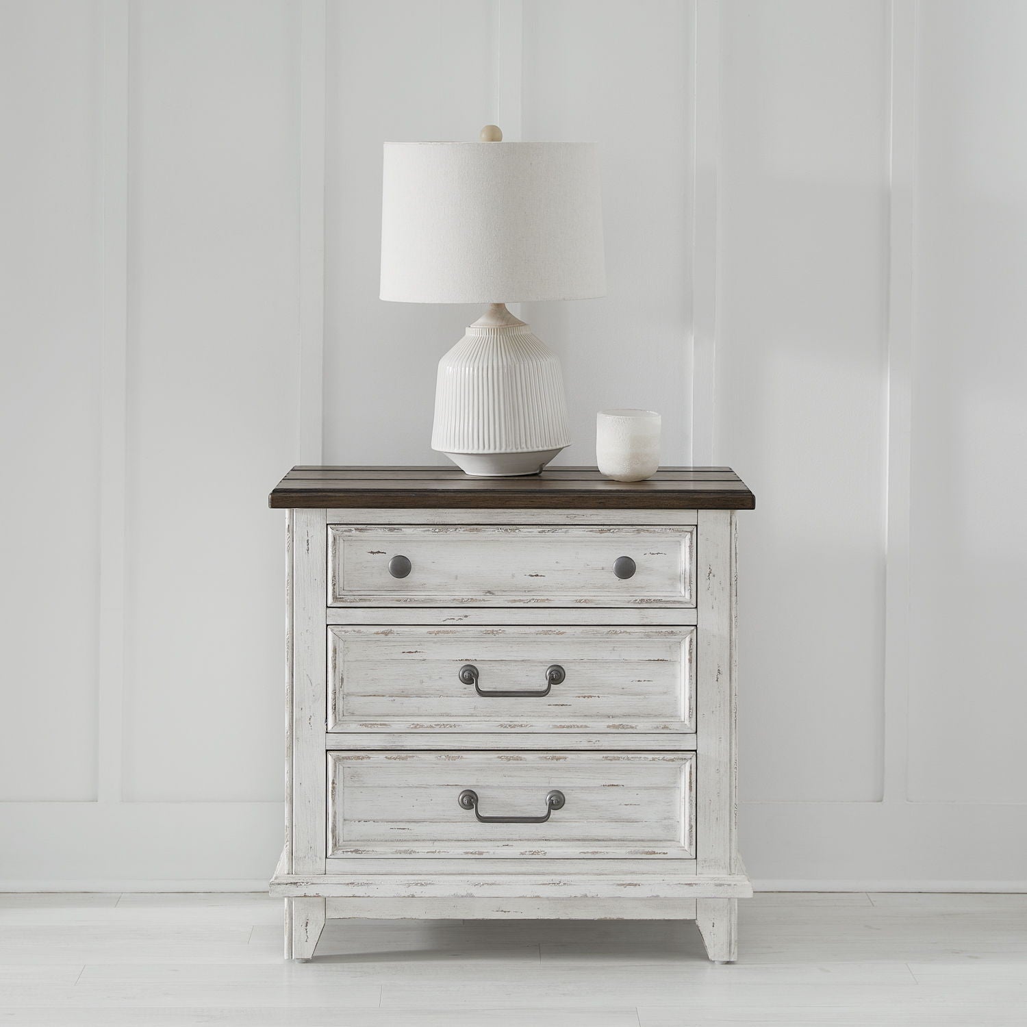 River Place - 3 Drawer Nightstand With Charging Station - Riverstone White & Tobacco