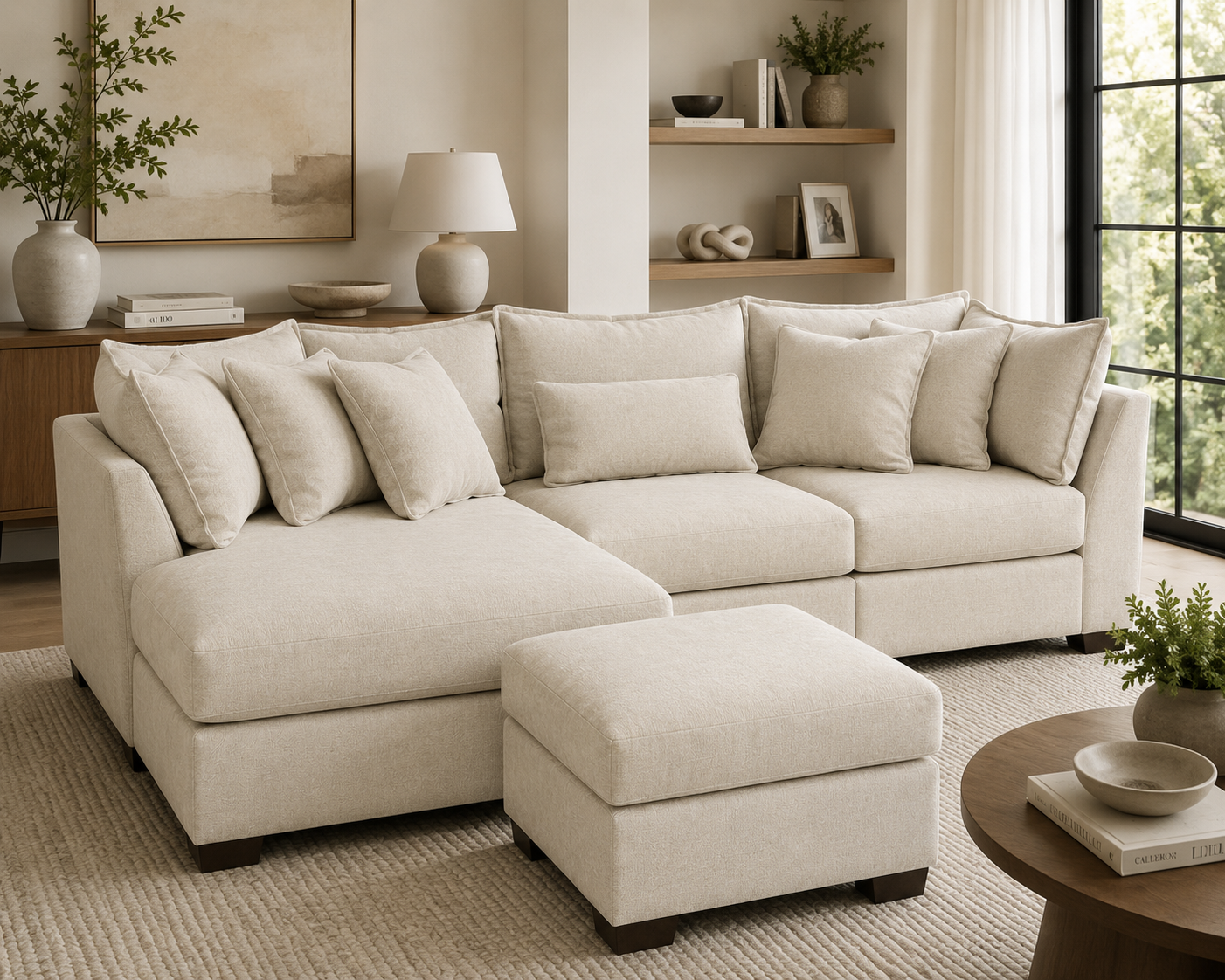 Alina 3 Pc Left Chaise Sectional with Storage Ottoman in Ivory